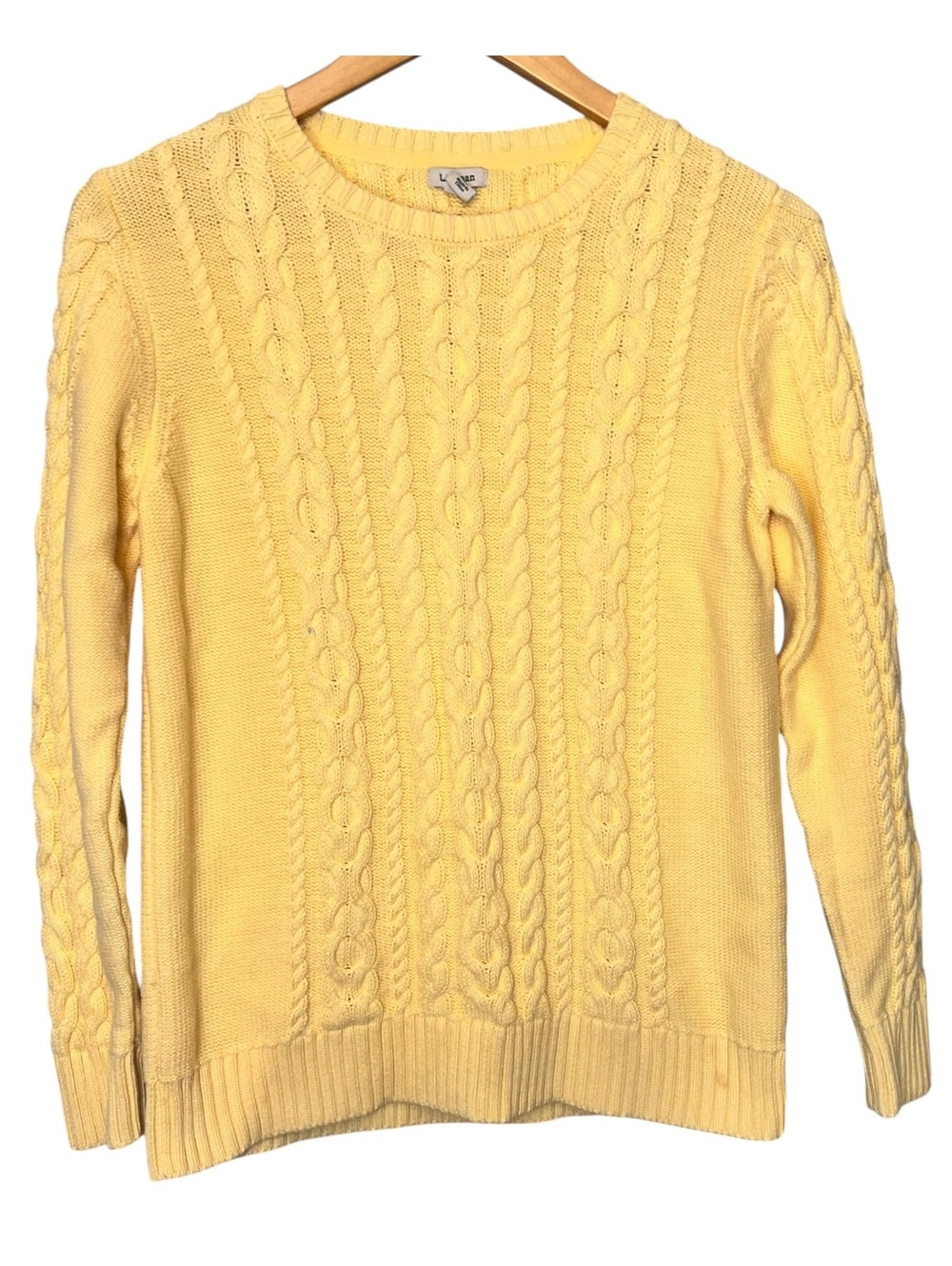 L.L. Bean Yellow Cable Knit 100% Cotton Crewneck Sweater Size Medium Reg